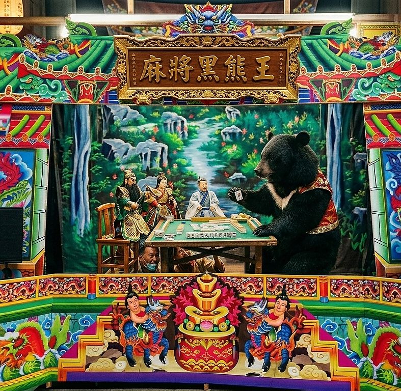 台灣黑熊,台灣熊愛打麻將,台灣黑熊打麻將,熊掌摸牌,布袋戲界雀聖,布袋戲麻將黑熊王,史豔文放槍,布袋戲棚打麻將,素還真揪史豔文一起打牌,史豔文的牌友黑熊